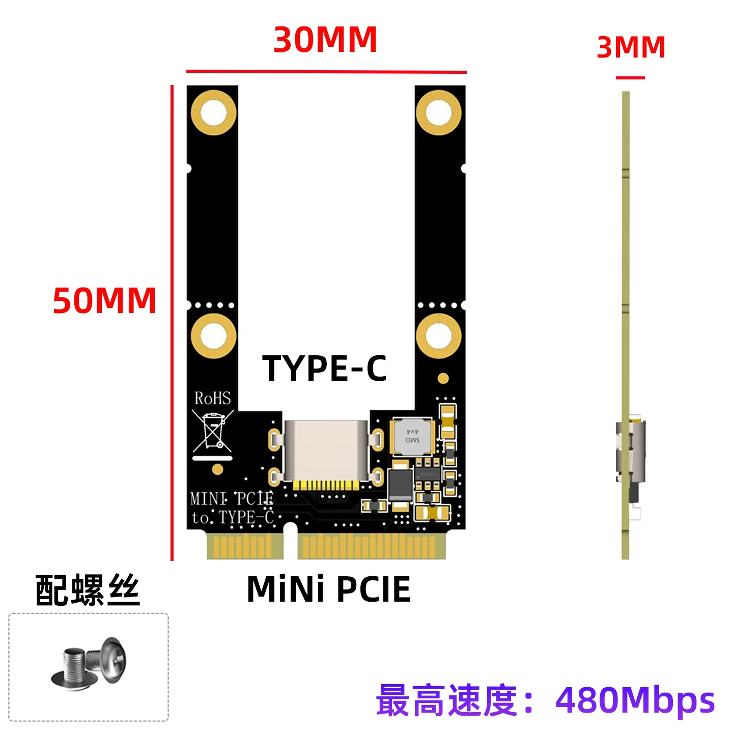 Card mở rộng giao diện wifi mini pci-e sang TYPE-C, card mở rộng usb mpci-e