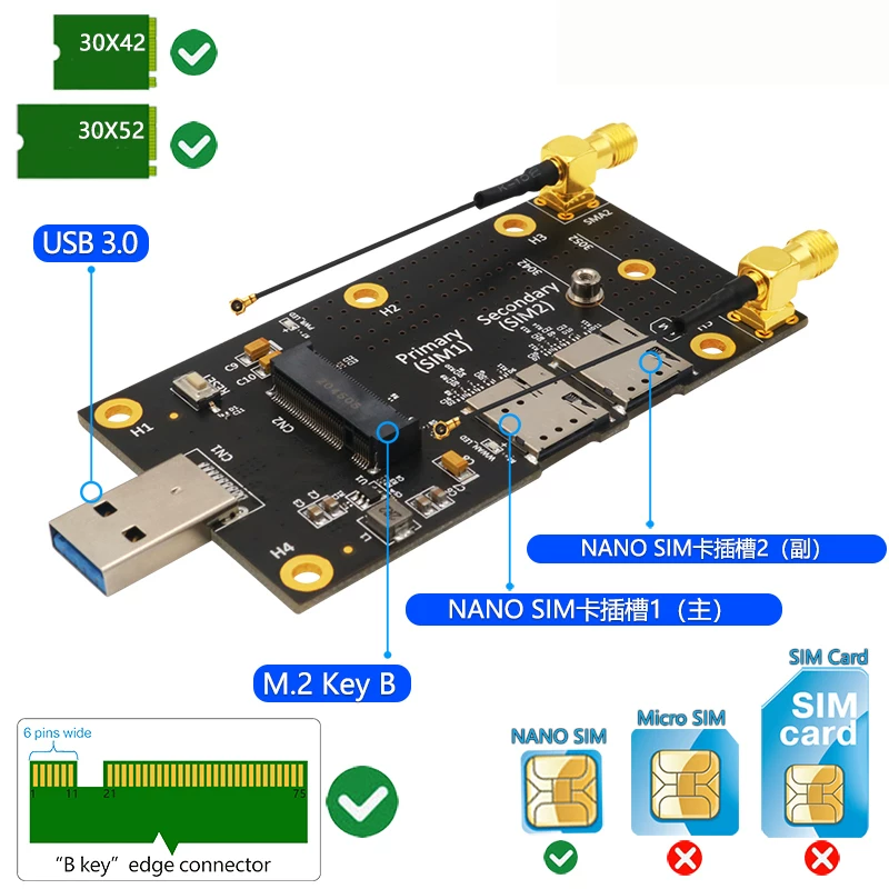 M.2 Key B sang USB 3.0 bảng chuyển đổi kép khe cắm thẻ SIM NANO 3G 4G 5G thẻ thử nghiệm mô-đun