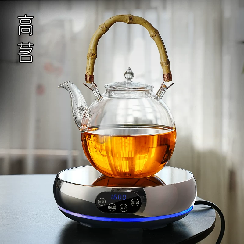 Ấm đun nước bằng gốm điện, ấm trà thủy tinh lửa trực tiếp, mẫu mới 2025, ấm cao cấp dày dặn chịu nhiệt cao, tay cầm bằng tre.