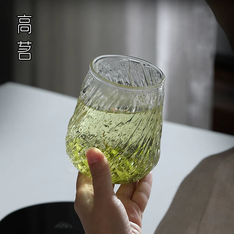 Cốc thủy tinh đáy phẳng, có thể đun nóng, cốc nước ép sọc trong suốt, cốc trà xanh kiểu Nhật, dày và chịu nhiệt, cốc uống nước gia dụng.