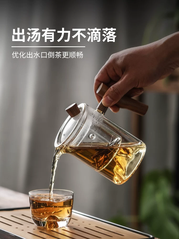 Ấm trà văn phòng màu xanh lá cây có tay cầm bằng gỗ, ấm trà có ngăn tách nước trà, ấm trà thủy tinh chịu nhiệt cao một mảnh có tầm nhìn ra núi có tay cầm bằng gỗ.