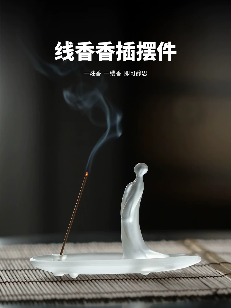 Lọ đựng nhang bằng thủy tinh, lò đốt trầm lá tre phong cách wabi-sabi Nhật Bản, giá đỡ gỗ đàn hương thủ công cao cấp, trang trí bàn trà đạo