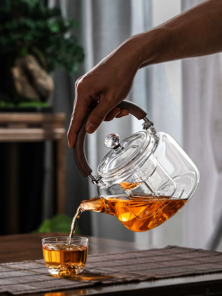 Bộ ấm trà thủy tinh có chức năng hấp và đun nước tích hợp, thích hợp cho bếp điện gốm gia dụng, ấm đun nước chịu nhiệt độ cao có tay cầm.