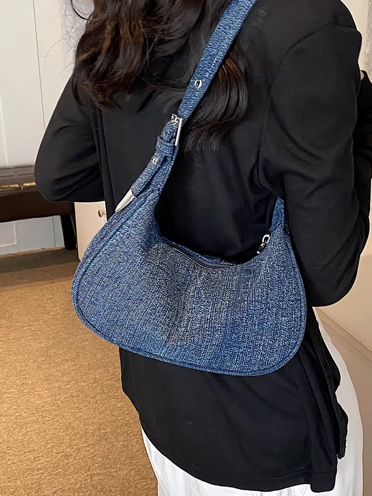 Túi denim nữ, dung tích lớn, mẫu mới thu đông 2025, túi đeo vai thường ngày, túi đeo nách, túi vải, túi xách tay, túi bánh bao.