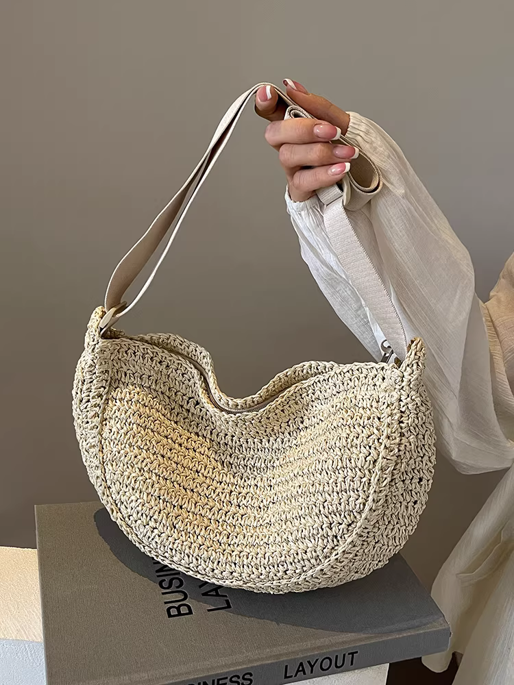 Túi cói dệt cỡ lớn dành cho nữ, mẫu mới xuân hè 2025, túi đeo chéo kiểu bánh bao độc đáo, túi đi biển cao cấp