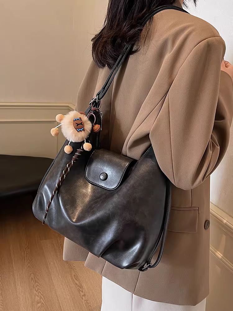 Túi tote đi làm xếp ly dành cho nữ, dung tích lớn, mẫu mới 2025 phong cách retro thu đông, túi đeo chéo, balo đeo vai, phong cách giản dị