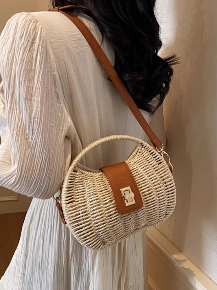 Túi xách Pháp thời trang mùa xuân hè 2025 dành cho nữ, túi cói dệt mới, túi đeo chéo, túi đi biển, túi đi nghỉ mát