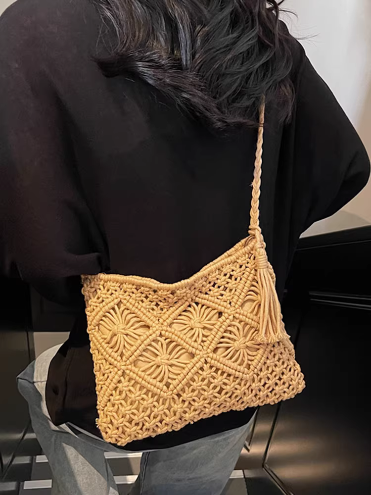 Túi đan móc nữ xuân hè 2025 thời trang mới đa năng đeo vai chéo, túi cói dệt cao cấp phong cách giản dị