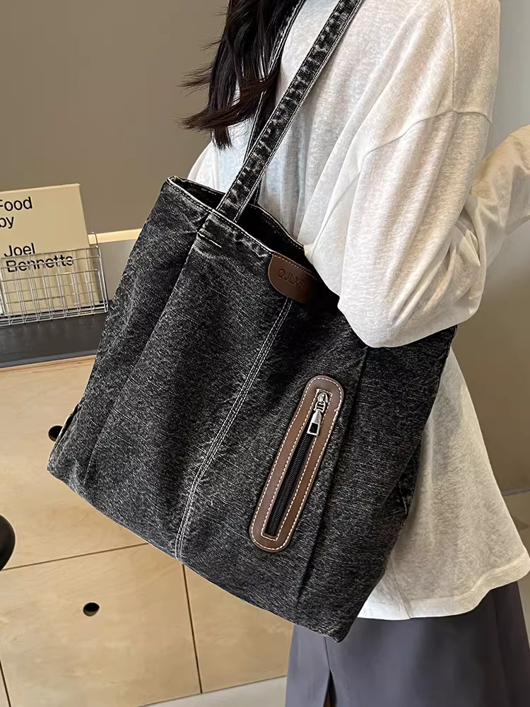 Túi tote nữ 2025 mẫu mới, dung tích lớn, túi đi làm mùa thu đông, đa năng, chất liệu denim, đeo vai, dành cho sinh viên đi học