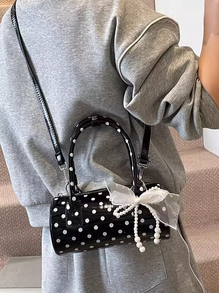 Túi xách thiết kế độc đáo dành cho nữ 2025, mẫu mới mùa hè, đeo vai/chéo, phong cách Hàn Quốc, kiểu chấm bi, túi hình trụ