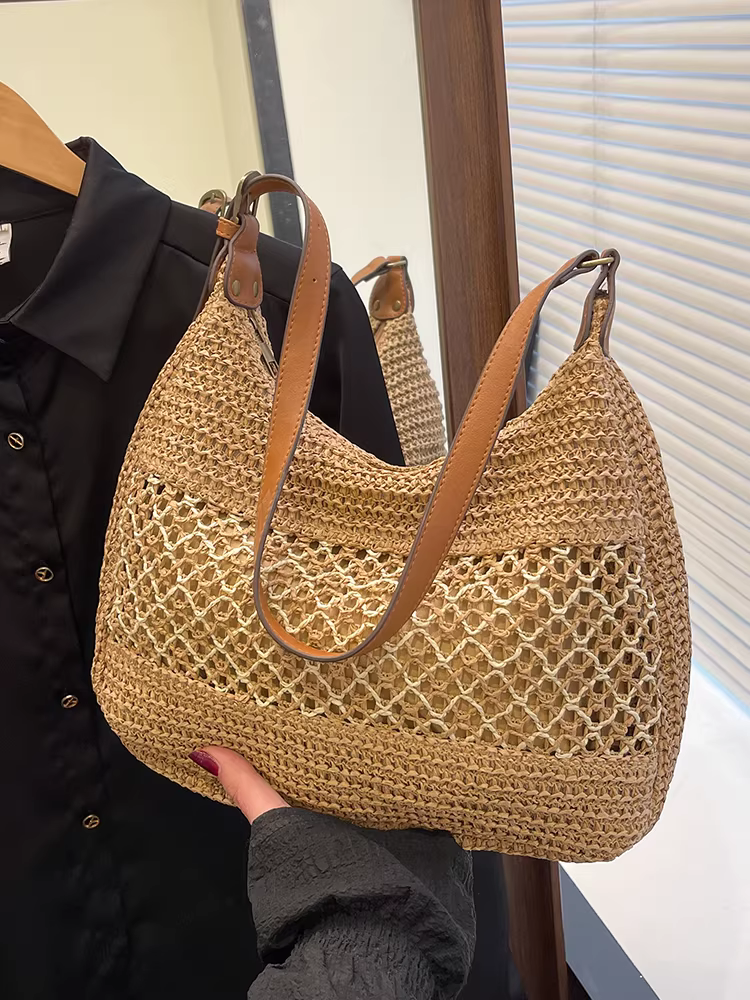 Túi cói đan tay cỡ lớn dành cho nữ, mẫu mới hè 2025, túi đeo vai đi làm, phong cách đi biển, túi đi nghỉ mát