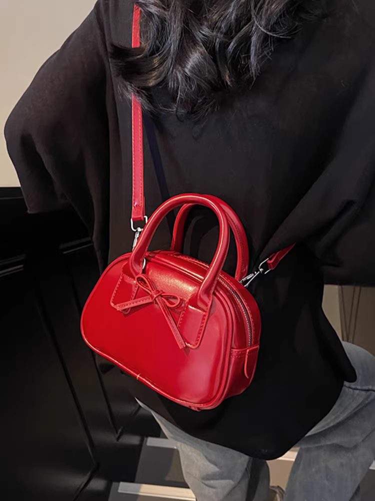 Túi đeo chéo nhỏ thời trang đa năng kiểu Hàn Quốc năm 2025, thiết kế độc đáo, nơ đỏ, kiểu bowling dành cho nữ