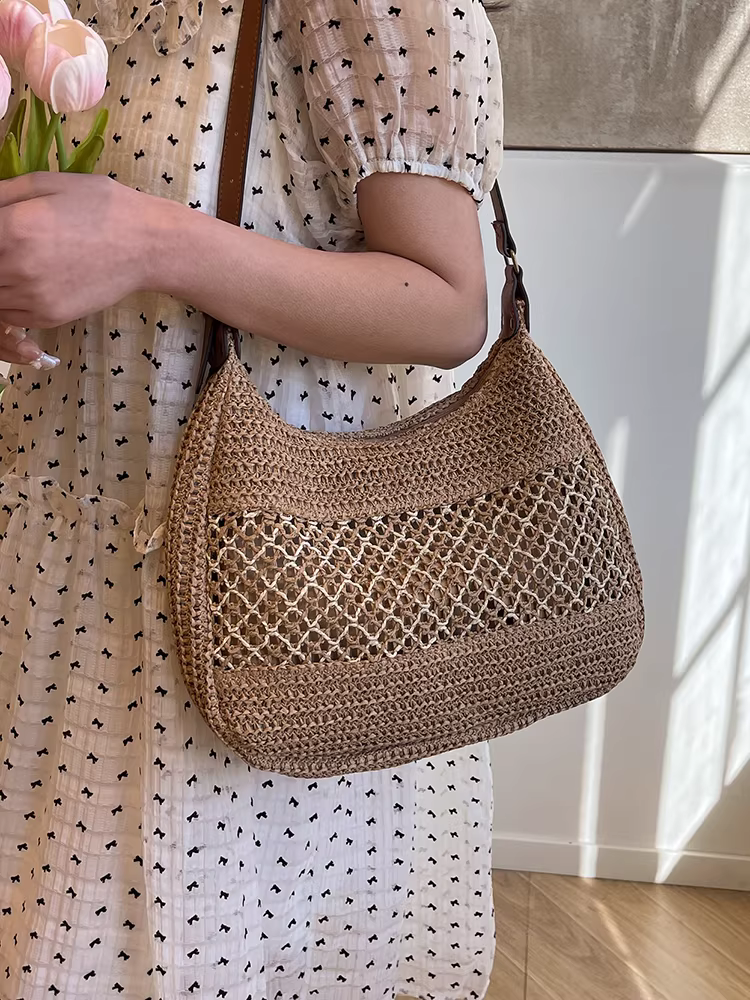 Túi cói đan tay cỡ lớn dành cho nữ, mẫu mới hè 2025, túi đeo vai đi làm, phong cách đi biển, túi đi nghỉ mát