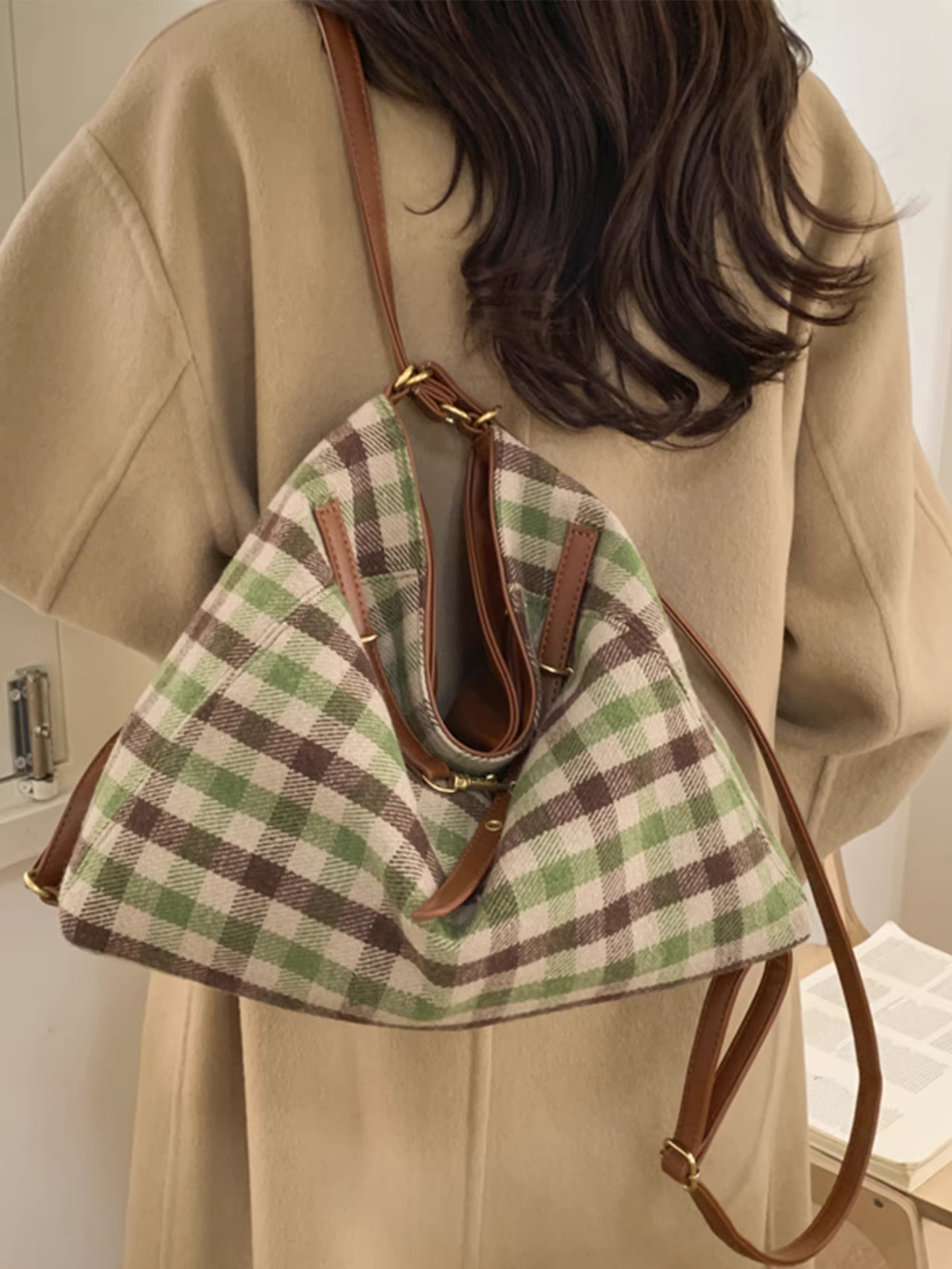 Túi tote len kẻ caro dành cho nữ, dung tích lớn, mẫu mới thu đông 2025, túi đeo vai/chéo thời trang, balo đa năng