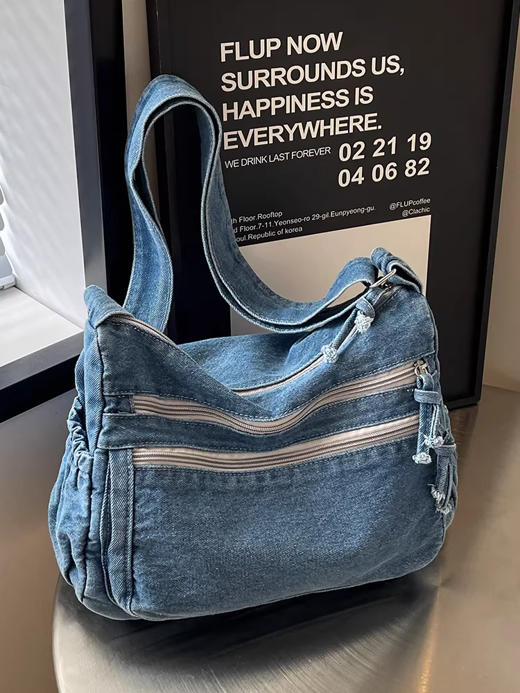 Túi denim nữ, dung tích lớn, mẫu mới thu đông 2025, túi đeo chéo thường ngày, túi tote đi học đi làm cho sinh viên