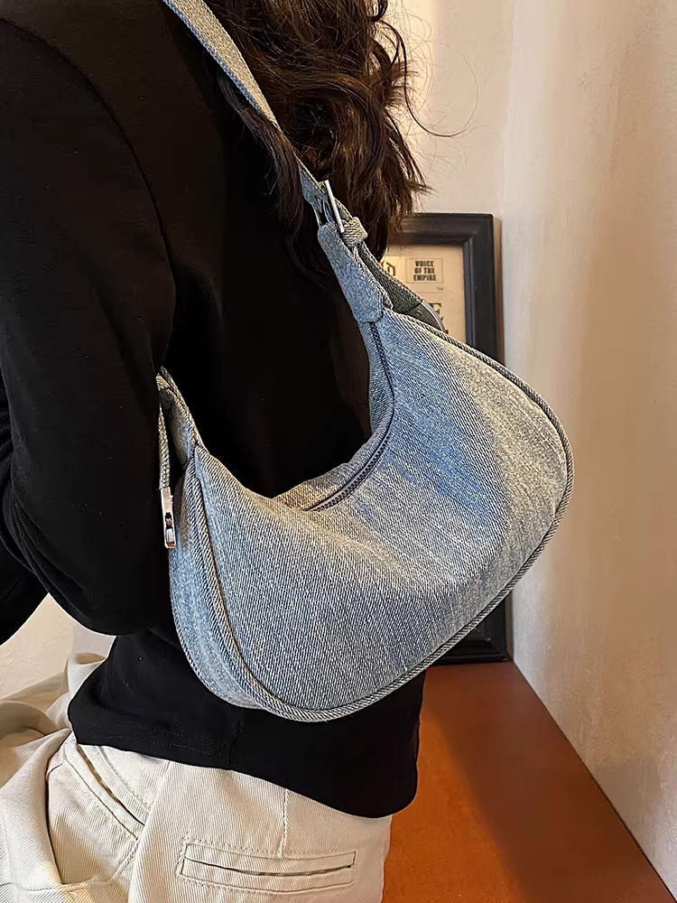 Túi denim nữ, dung tích lớn, mẫu mới thu đông 2025, túi đeo vai thường ngày, túi đeo nách, túi vải, túi xách tay, túi bánh bao.