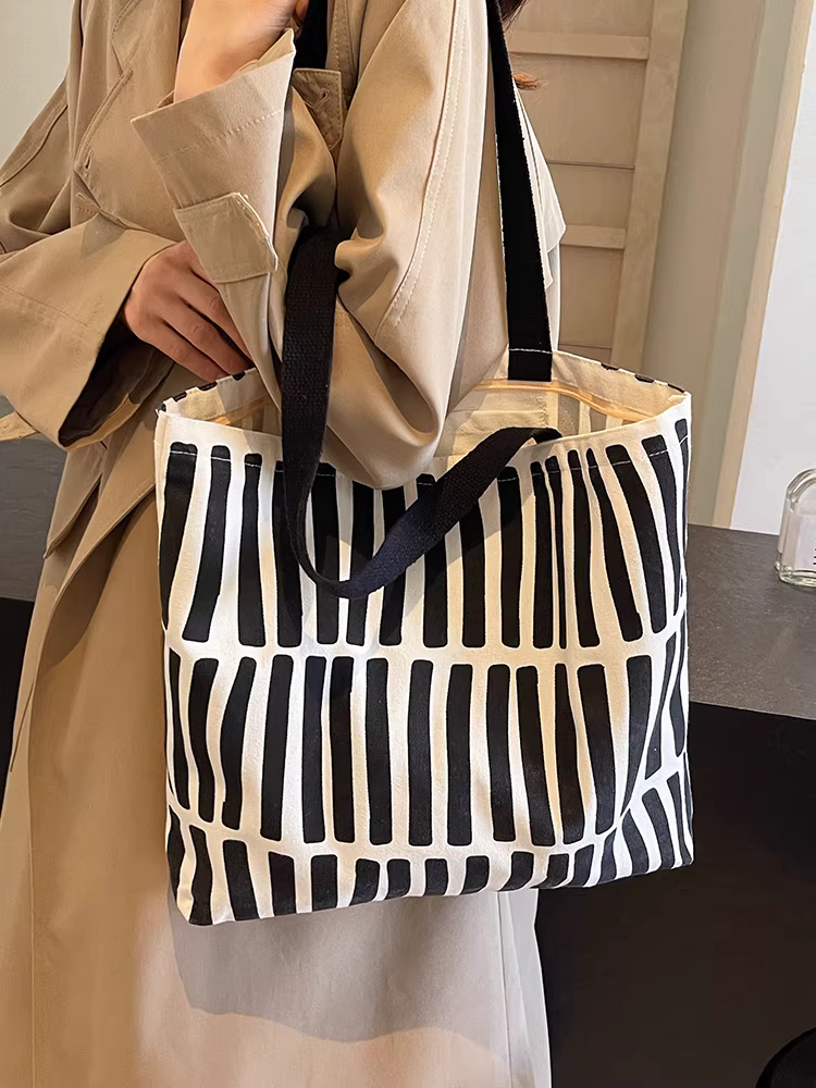 Túi vải canvas nữ, dung tích lớn, mẫu mới thu đông 2025, túi đeo vai đa năng kẻ sọc, túi tote đi học đi làm