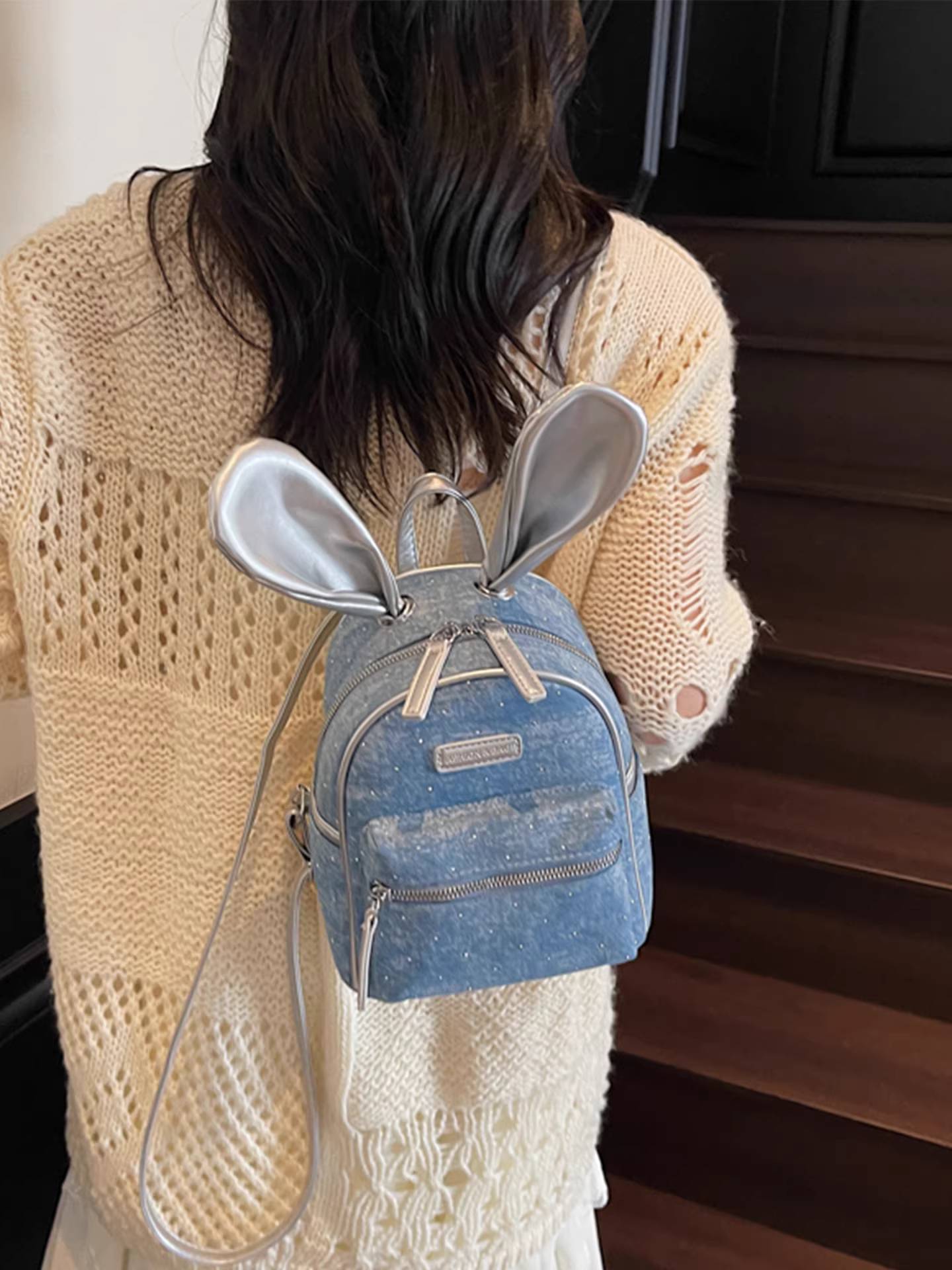 Ba lô denim dành cho nữ, thiết kế thông thường, túi đi học dành cho học sinh hoạt hình, ba lô du lịch dễ thương và đẹp mắt