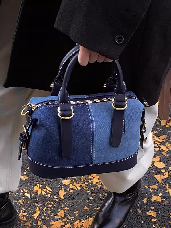 Túi denim nữ, đa năng cho mùa thu đông, mẫu túi đeo chéo thời trang mới 2025, túi xách phối màu, túi bowling Boston.