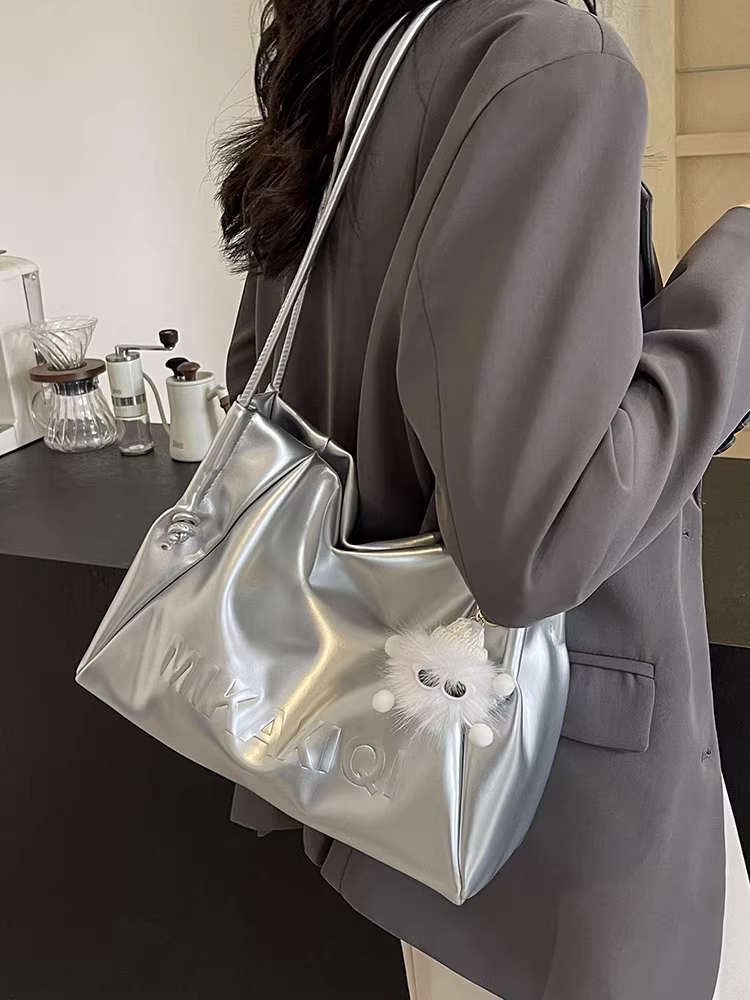 Túi xách nữ cỡ lớn kiểu mới hè 2025, túi đeo vai dành cho sinh viên, chất liệu bạc vân, túi tote đi làm nữ
