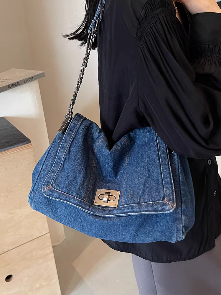 Túi denim nữ, túi tote cỡ lớn, mùa thu đông, đeo chéo được, mẫu mới 2025, phong cách giản dị, túi đeo vai dây xích, túi đi làm