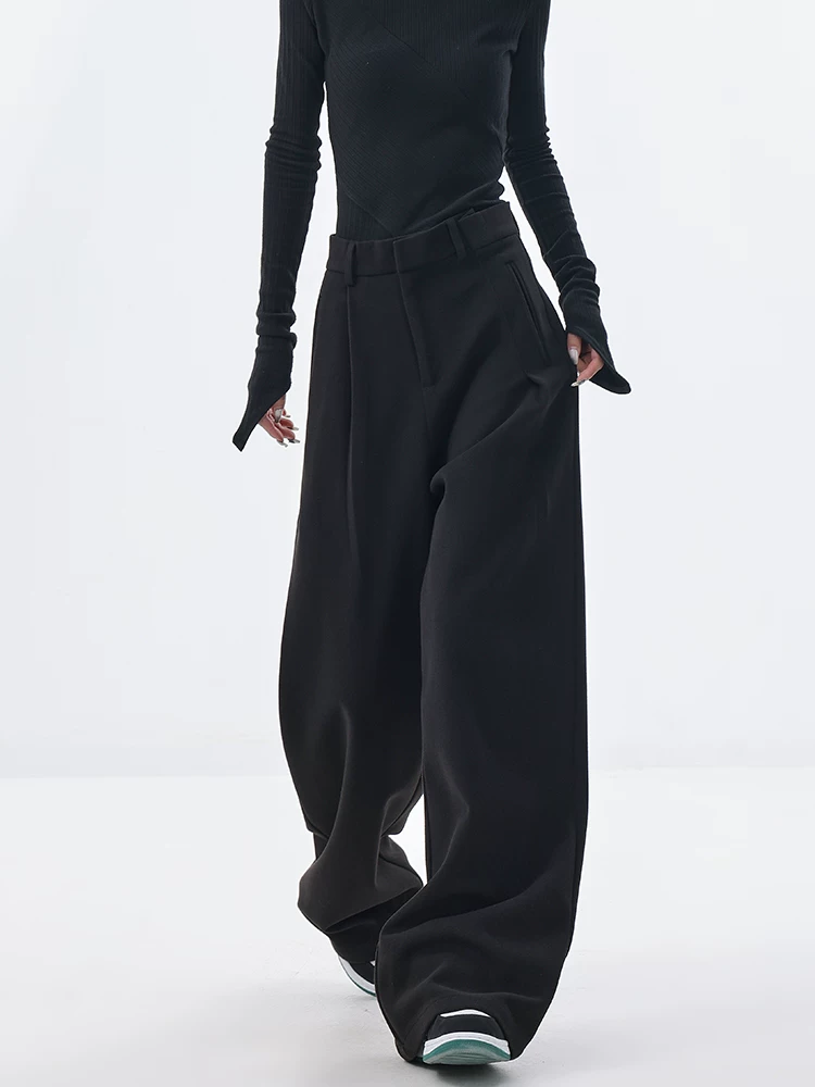 Quần âu ống rộng bằng len dày mùa thu đông của KEN STUDIO dành cho nữ, quần dài dáng rộng màu đen, quần dài thường ngày