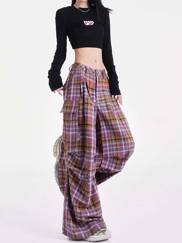 KEN STUDIO Thu Đông Mới Mỹ Retro Kẻ Sọc Quần Âu Nữ Thiết Kế Khối Màu Quần Cargo Quần Dù