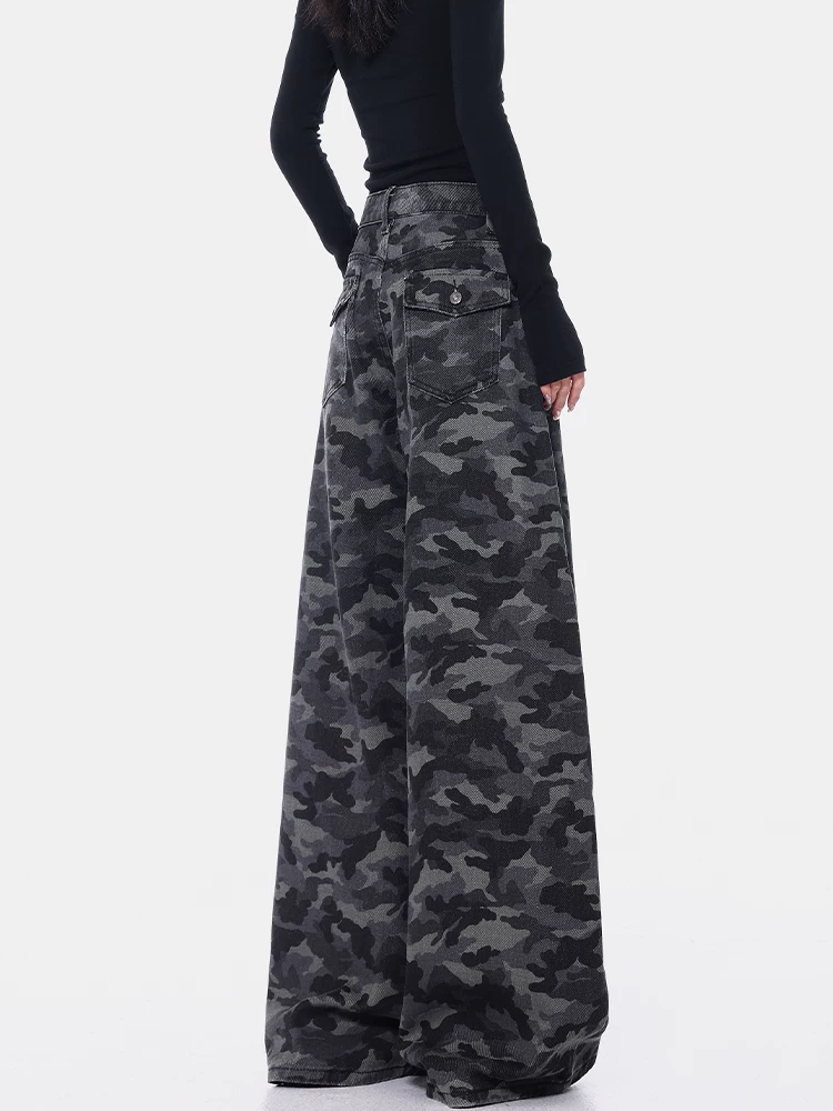 KEN STUDIO quần jean ngụy trang đường phố cao cấp mới của Mỹ dành cho nữ, quần ống thẳng, lưng cao, dáng rộng, dáng suông, quần dài đến sàn