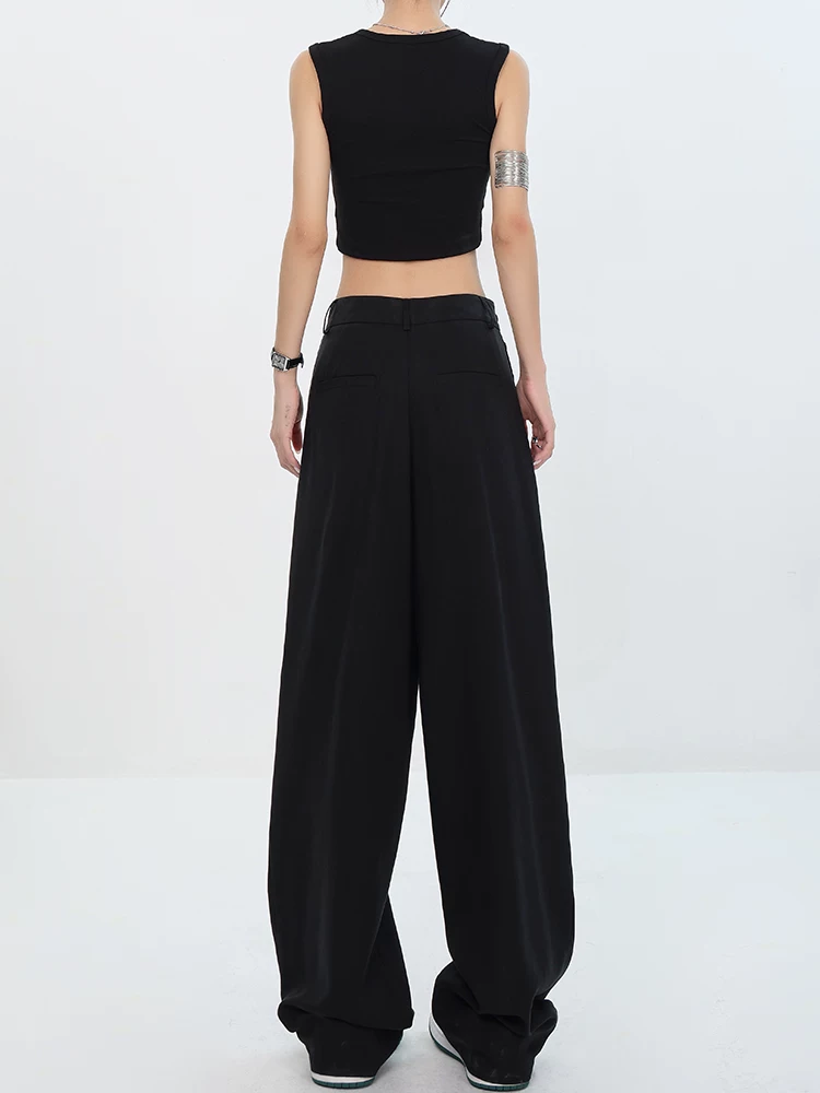 KEN STUDIO nguyên bản mùa hè mới màu đen hai hàng khuy cao cấp mỏng xếp nếp quần ống rộng ống thẳng