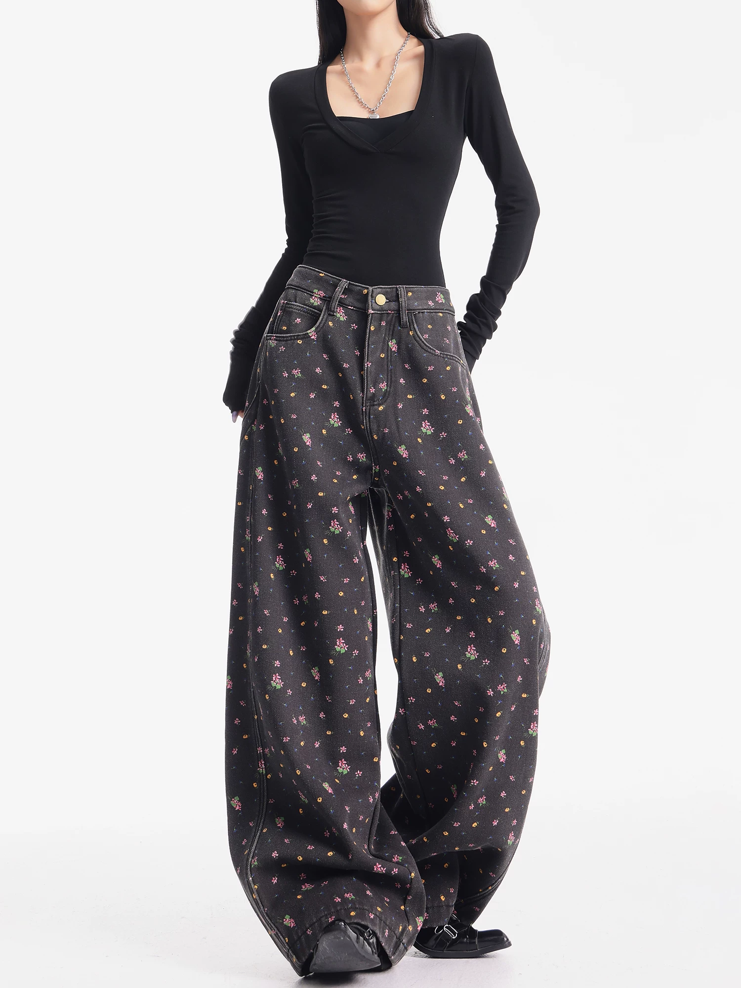 KEN STUDIO quần jean ống rộng họa tiết hoa cà phê đậm phong cách mới thu đông dành cho nữ, quần dài ống rộng dày dặn và lót lông cừu.