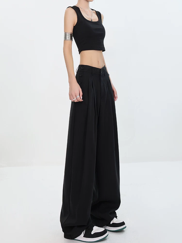 KEN STUDIO nguyên bản mùa hè mới màu đen hai hàng khuy cao cấp mỏng xếp nếp quần ống rộng ống thẳng