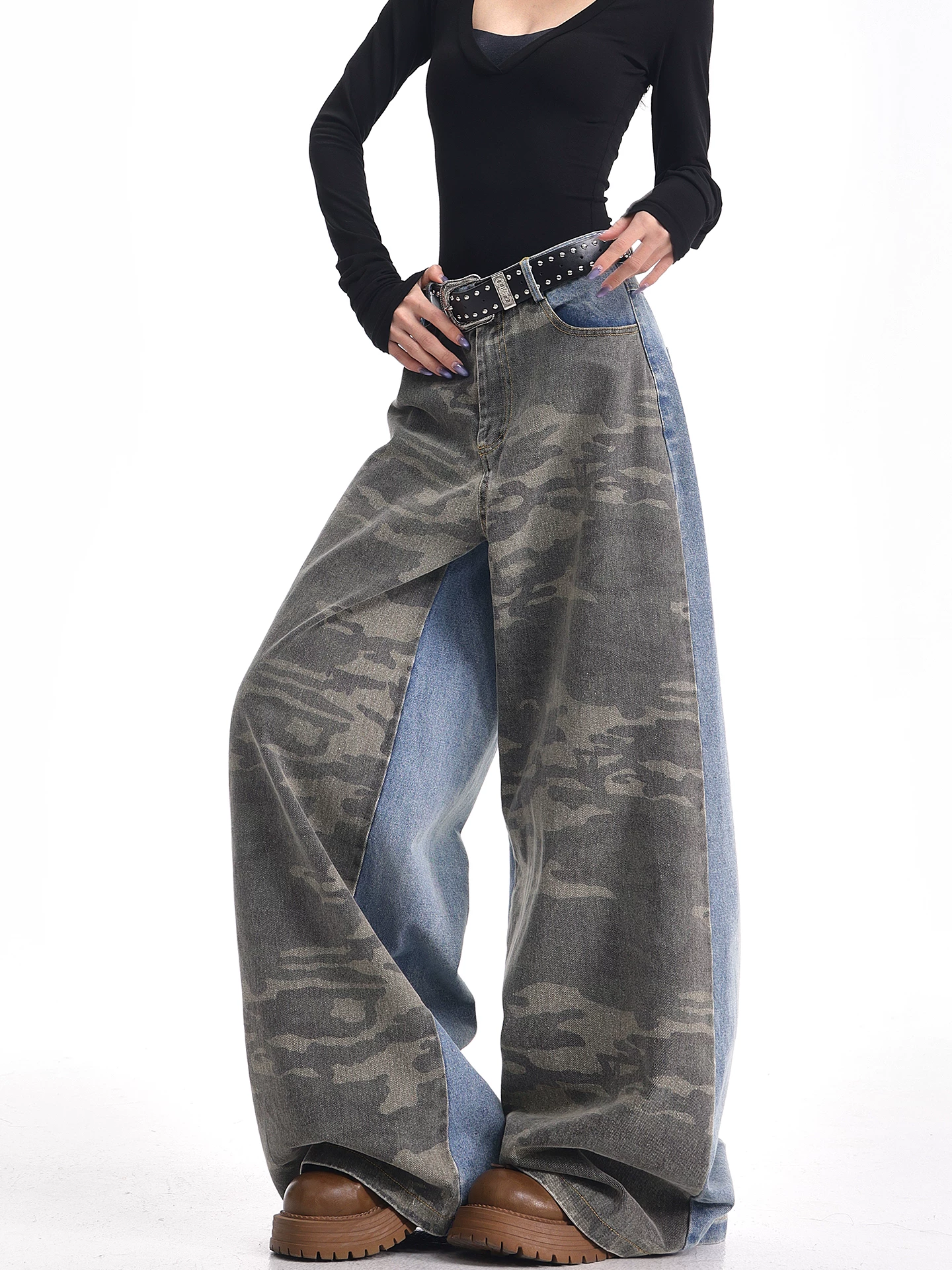 KEN STUDIO mùa thu đông mới quần jean phối màu rằn ri phối màu kiểu Mỹ quần ống rộng dài đến sàn kiểu Mỹ