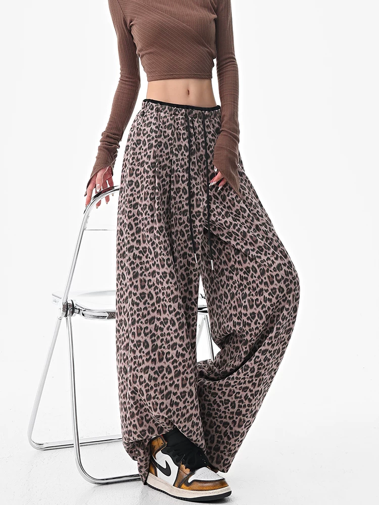 KEN STUDIO Quần thường ngày in họa tiết da báo kiểu Mỹ dành cho nữ, quần ống rộng dáng thẳng cạp cao mới mùa thu đông