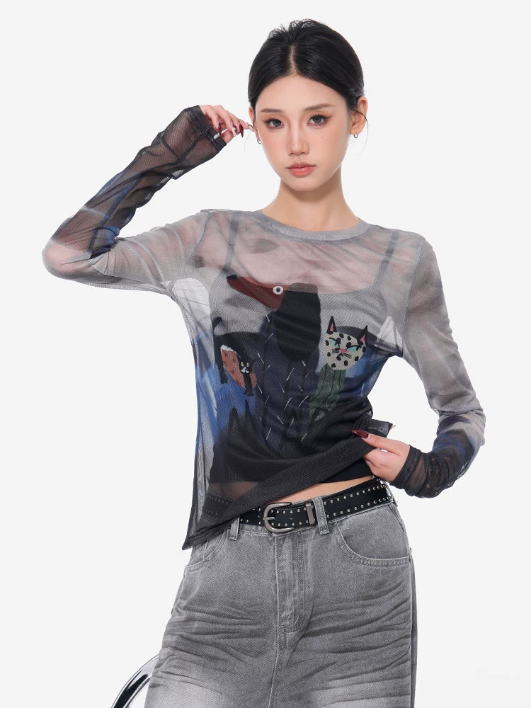 Áo thun dài tay in lưới mới của KEN STUDIO mùa xuân hè, hơi co giãn, hơi xuyên thấu, ôm vừa vặn, áo nữ đa năng