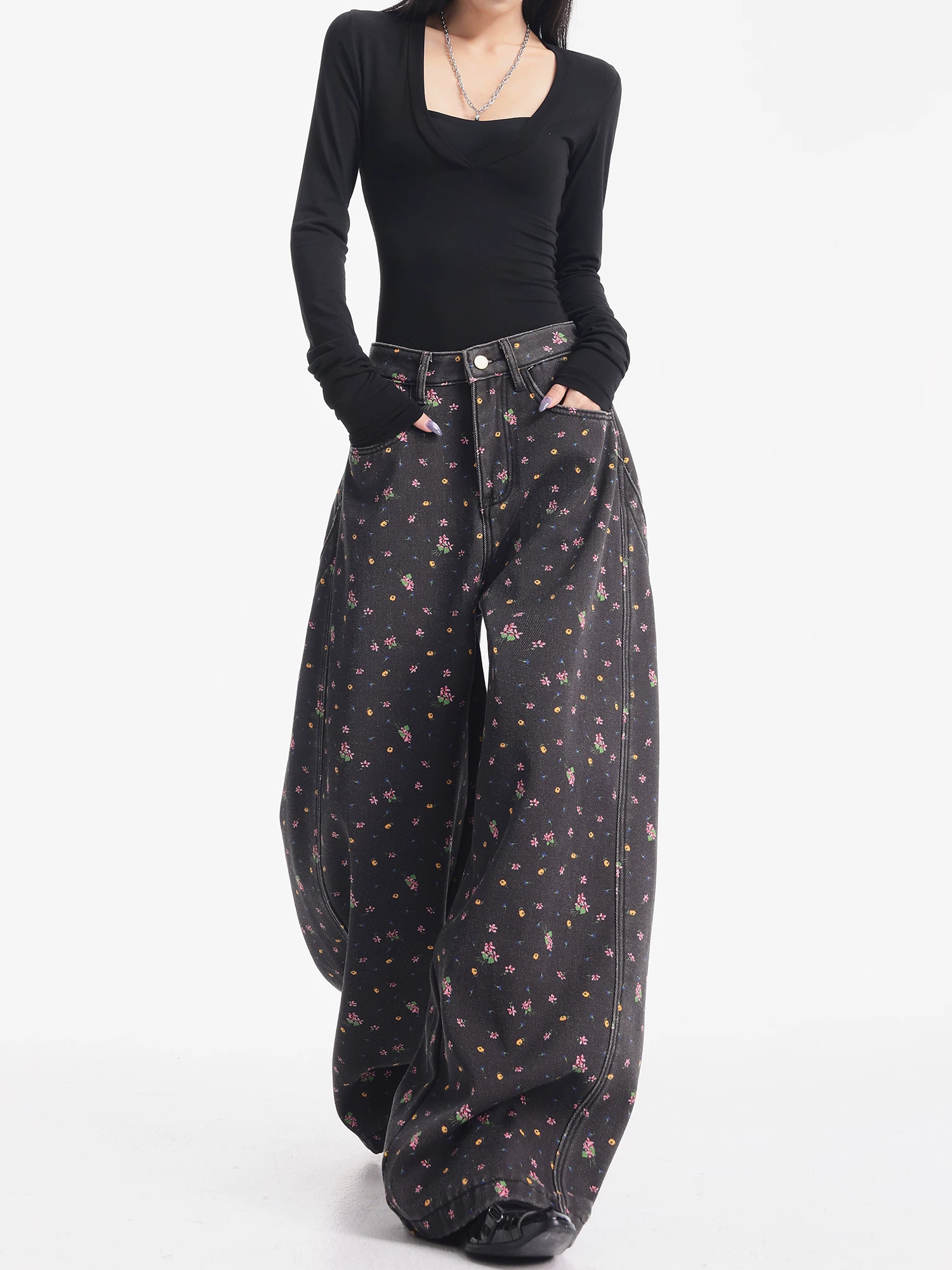 KEN STUDIO quần jean ống rộng họa tiết hoa cà phê đậm phong cách mới thu đông dành cho nữ, quần dài ống rộng dày dặn và lót lông cừu.