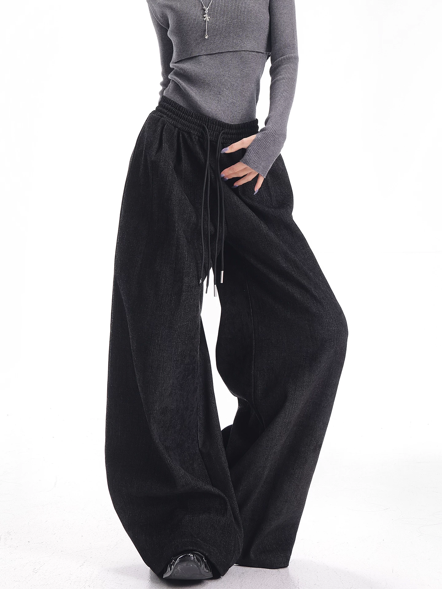 KEN STUDIO Quần thường ngày dày dặn lót lông cừu mùa thu đông mới dành cho nữ với thiết kế dây rút và quần ống rộng dài đến sàn