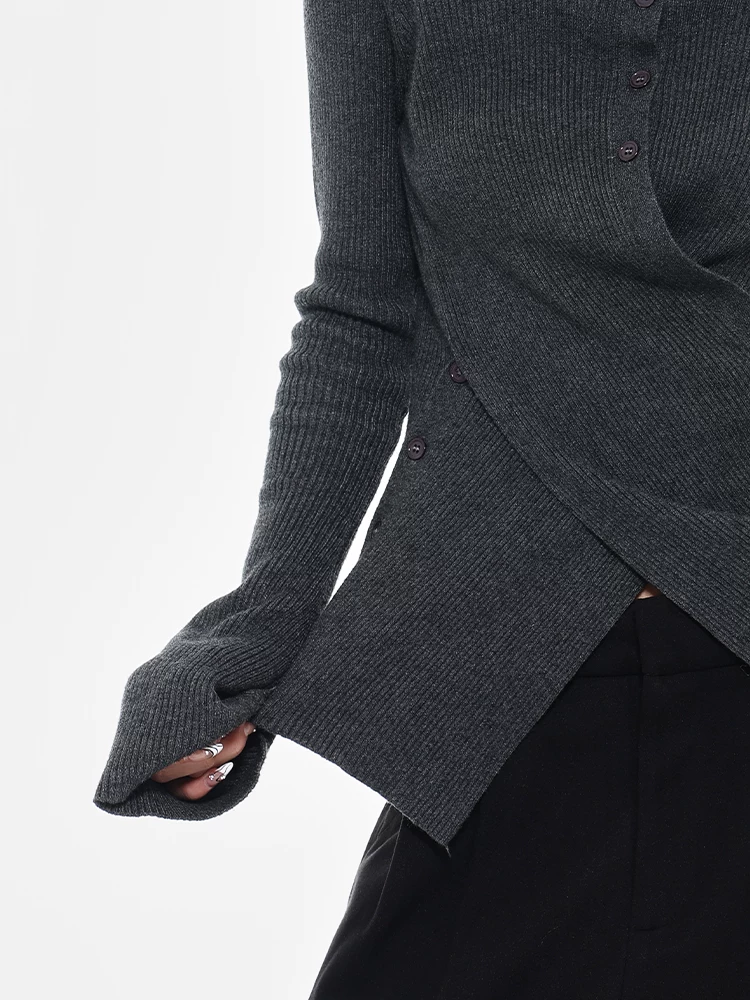 KEN STUDIO thiết kế cao cấp áo dệt kim cổ cao nửa cổ bất đối xứng dành cho nữ, áo dáng ôm vừa vặn mới mùa thu đông