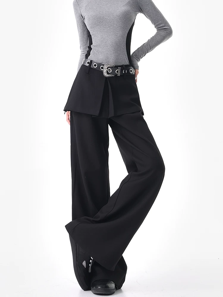 KEN STUDIO Quần dài giả hai mảnh màu đen mùa thu mới dành cho nữ, quần dáng rộng và đa năng, quần dài đến sàn