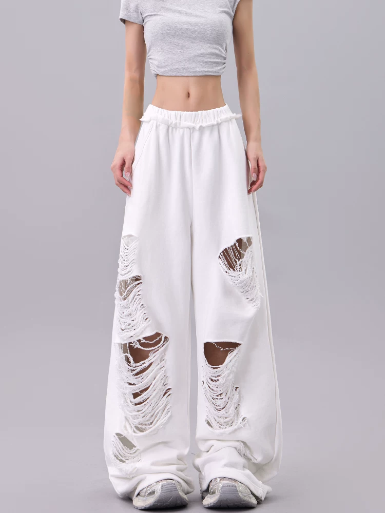 KEN STUDIO quần âu rách màu trắng mới mùa hè dành cho nữ, quần ống rộng dáng rộng, quần thể thao, quần dài