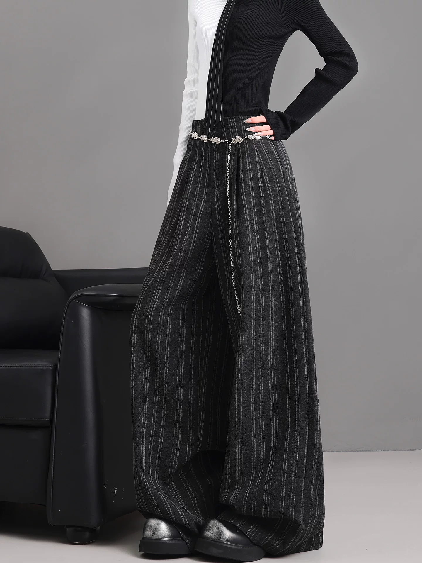 KEN STUDIO Xuân Thu Mới Quần Sọc Xám Nữ Cao Cấp Rời Drap Giảm Béo Quần Ống Rộng