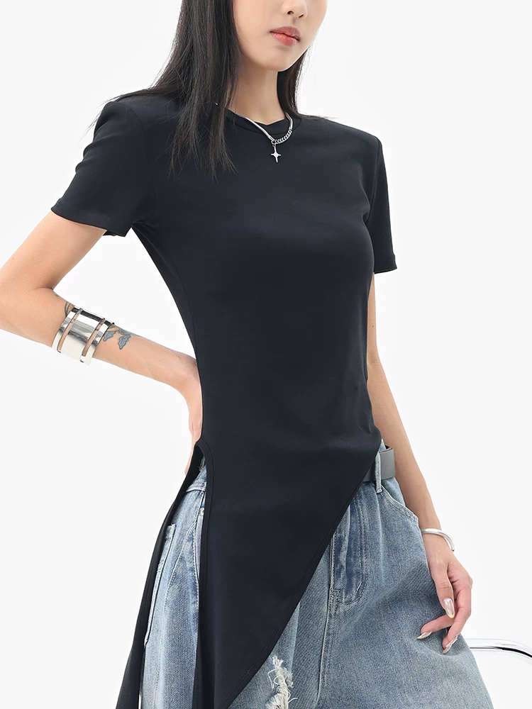Áo thun ngắn tay xẻ tà bất đối xứng màu đen của KEN STUDIO dành cho nữ, thiết kế mùa hè, áo ôm vừa vặn