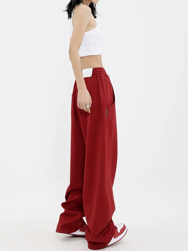 KEN STUDIO2025 Xuân Thu Quần Thể Thao Màu Đỏ Nữ Cao Cấp Quần Dáng Chuối Quần Ống Rộng Quần Âu Quần Thể Thao Quần Dài