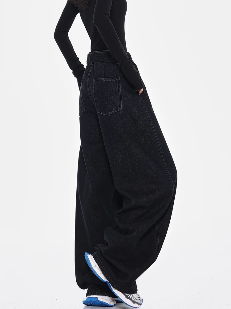 Quần jean đen lót lông cừu thu đông của KEN STUDIO dành cho nữ, cạp cao, kiểu cổ điển, dáng rộng, dáng suông, quần ống rộng, quần dài đến sàn