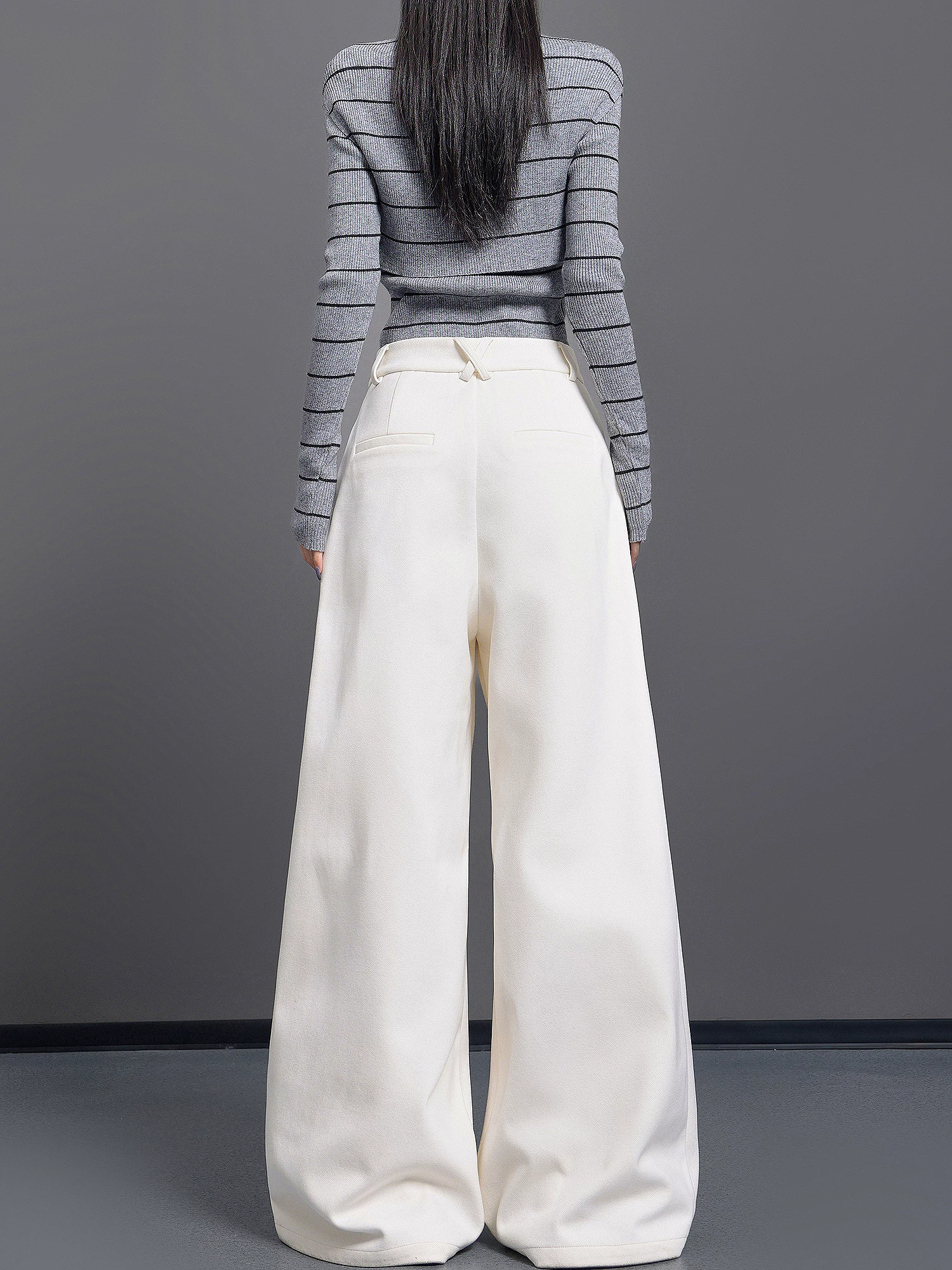 KEN STUDIO Quần tây len dày màu be mới thu đông dành cho nữ, quần ống rộng xếp ly đa năng