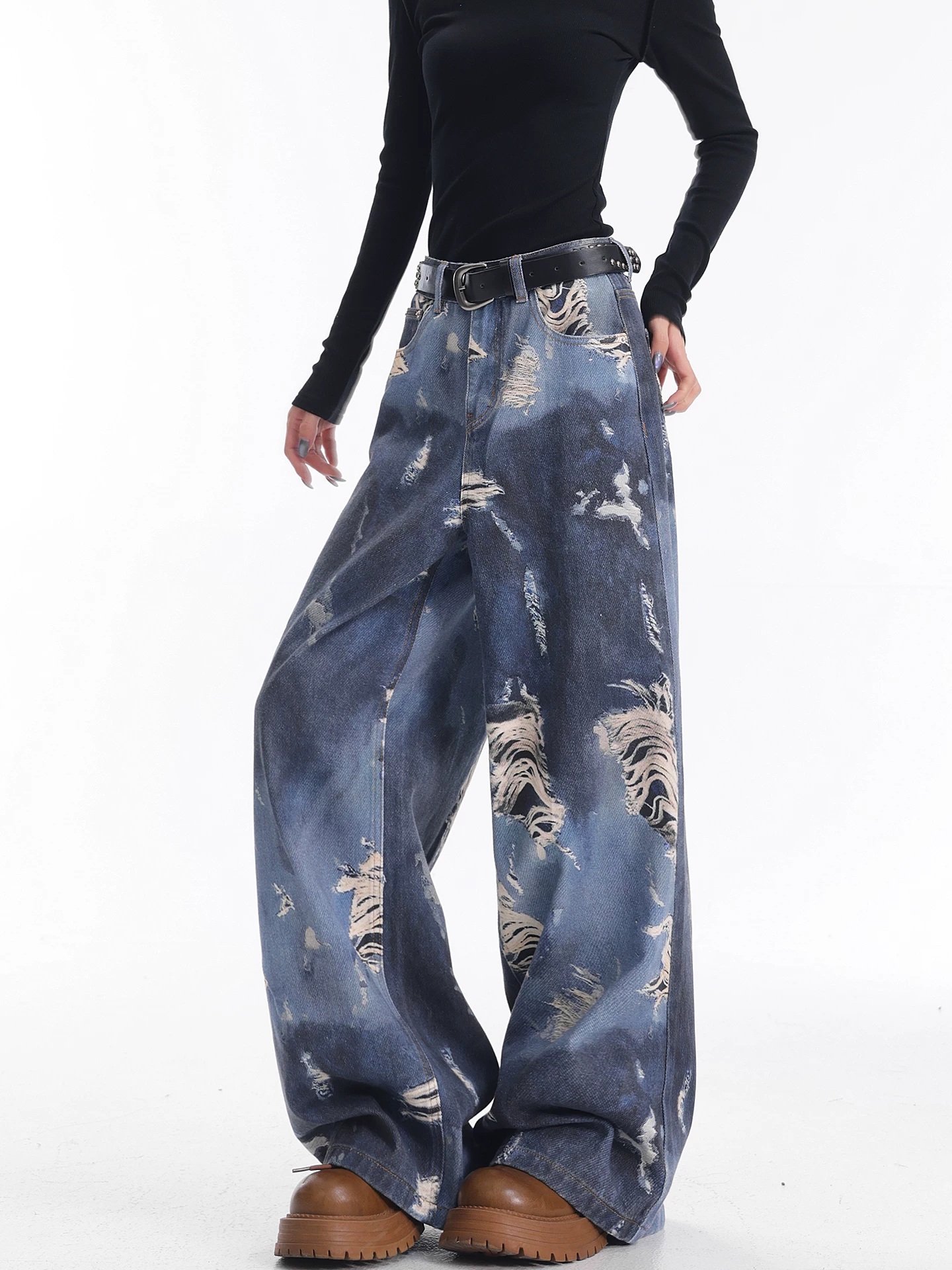 KEN STUDIO quần jean ống rộng nhuộm màu theo phong cách cổ điển Mỹ mới dành cho nữ, quần dài dáng rộng và tôn dáng