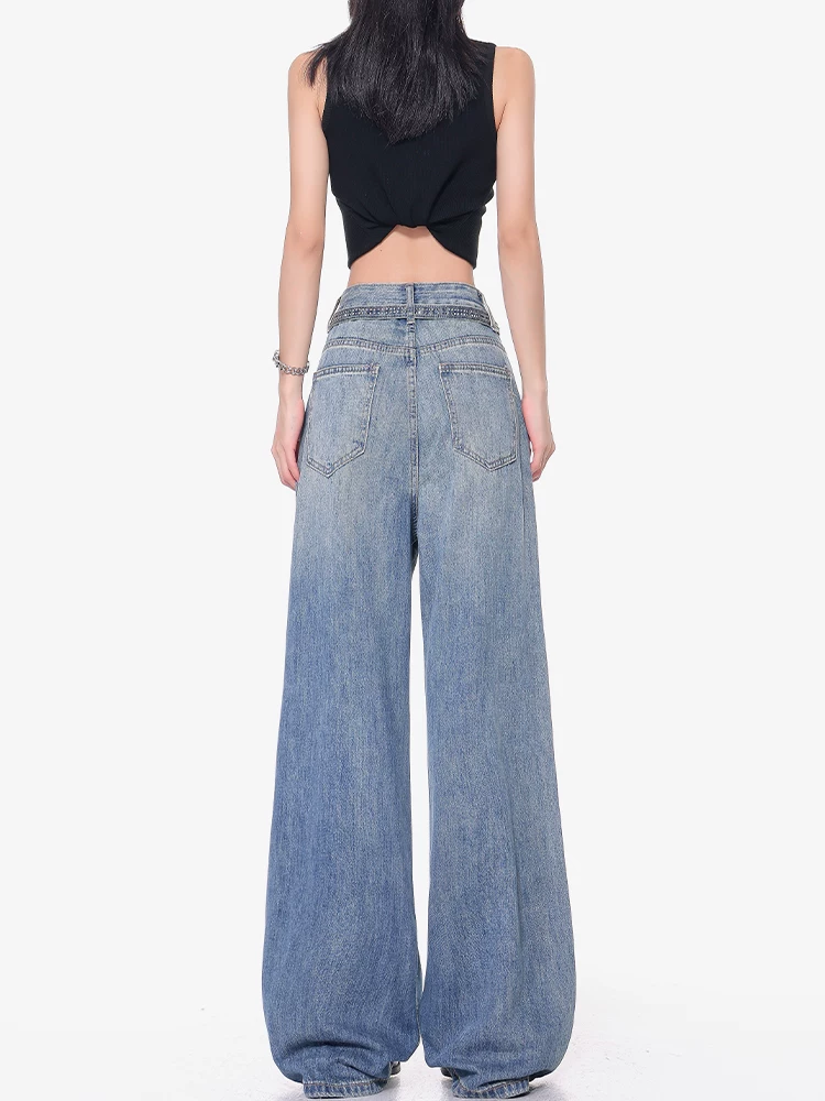 KEN STUDIO Xuân Thu Mới Xanh Dương Đầy Sao Đính Kim Cương Giả Quần Jean Nữ Cao Cấp Rách Rộng Quần Ống Rộng