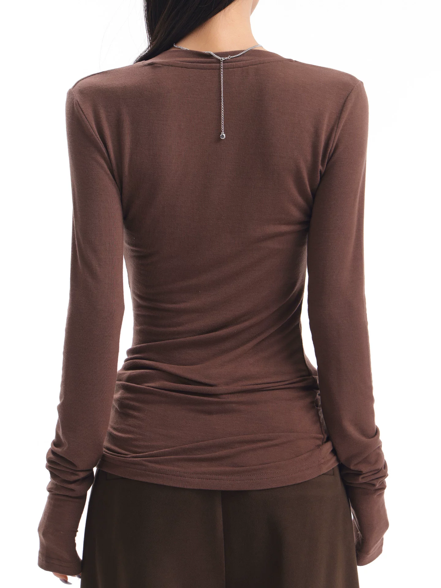 KEN STUDIO Áo thun dài tay cổ chữ V màu cà phê mới thu đông dành cho nữ, áo sơ mi dáng ôm kiểu Maillard dáng ôm tôn dáng