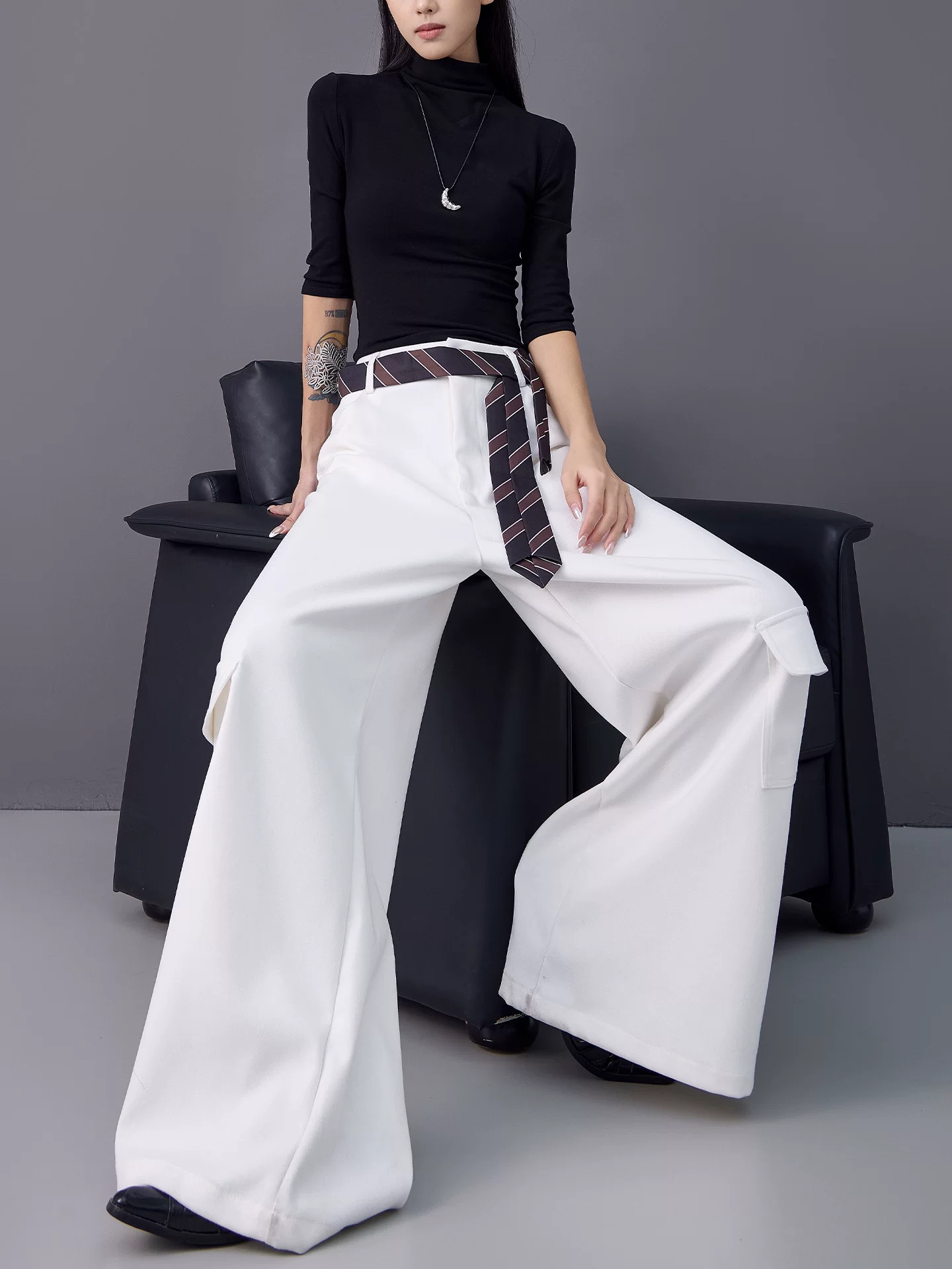 KEN STUDIO mùa thu đông mới màu trắng dày dặn quần âu thường ngày nữ lưng cao thẳng quần cargo rộng rãi quần dài