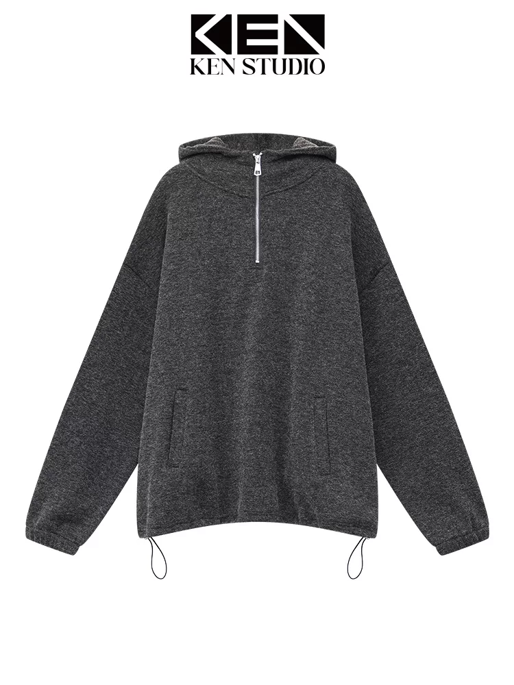 KEN STUDIO Áo len có mũ trùm đầu kiểu dáng giản dị mùa thu đông mới dành cho nữ, có lót lông cừu và dày dặn, áo khoác dáng rộng