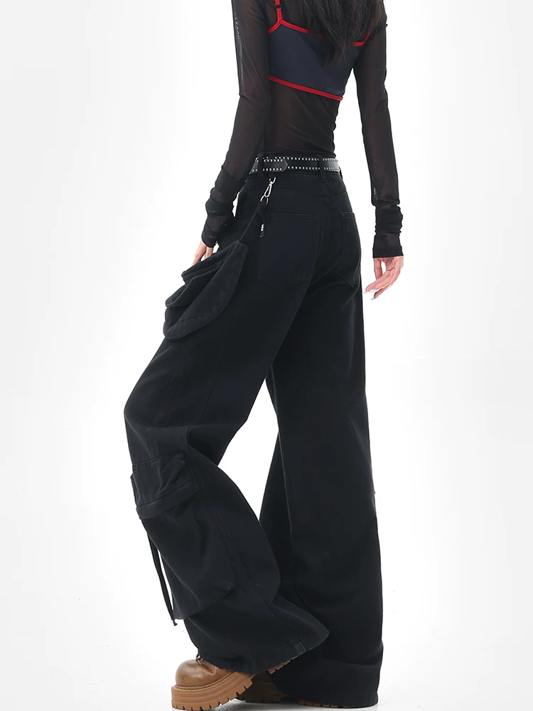 KEN STUDIO Quần jean công sở màu đen phong cách Mỹ dành cho nữ, quần ống rộng thẳng nhiều túi mùa hè mới